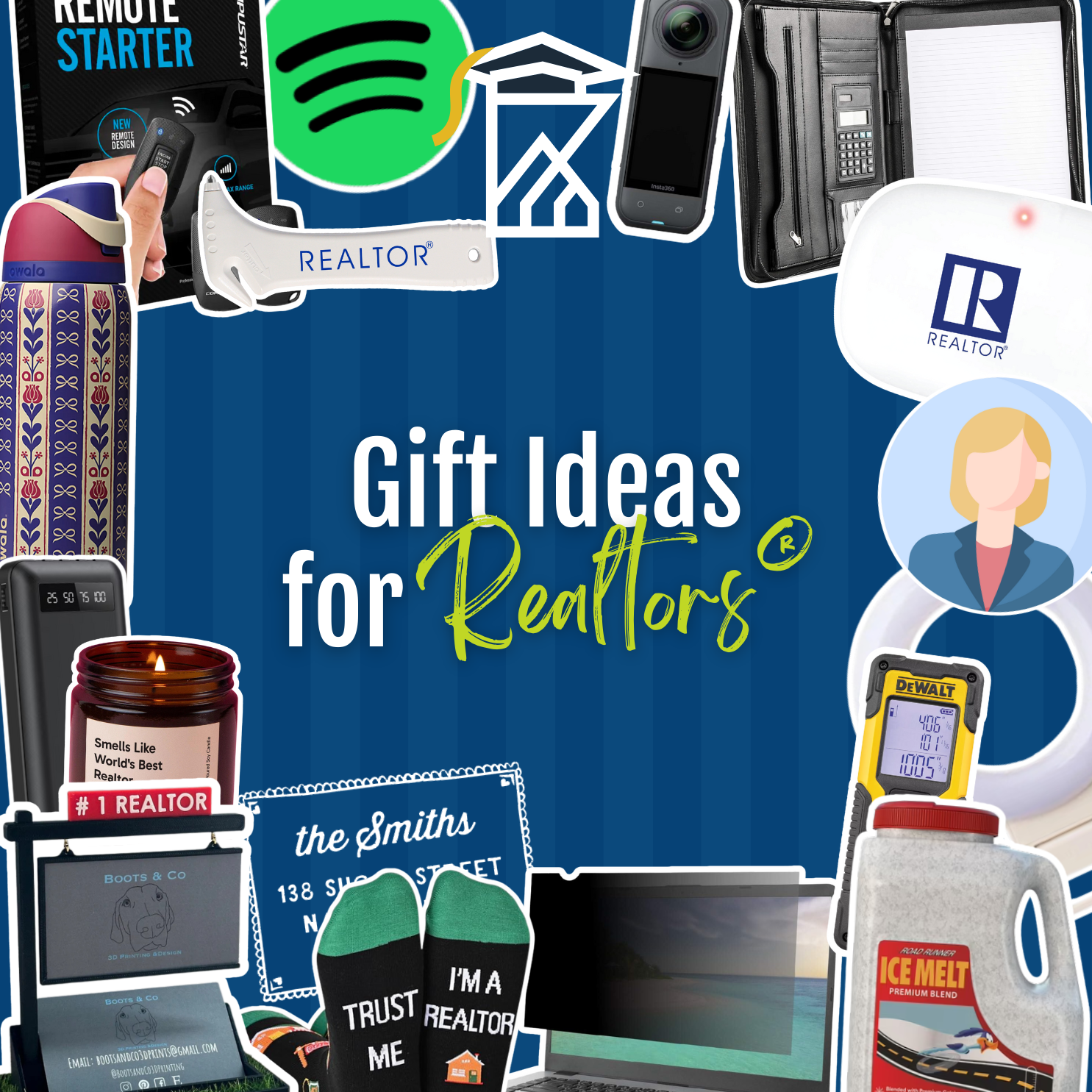 a collage of gift items meant to spark inspiration for what to get a Realtor for the holidays